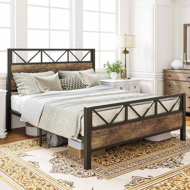 Queen Metal Wood Vintage Industrial Platform Bed Frame with Headboard Footboard - Image 4