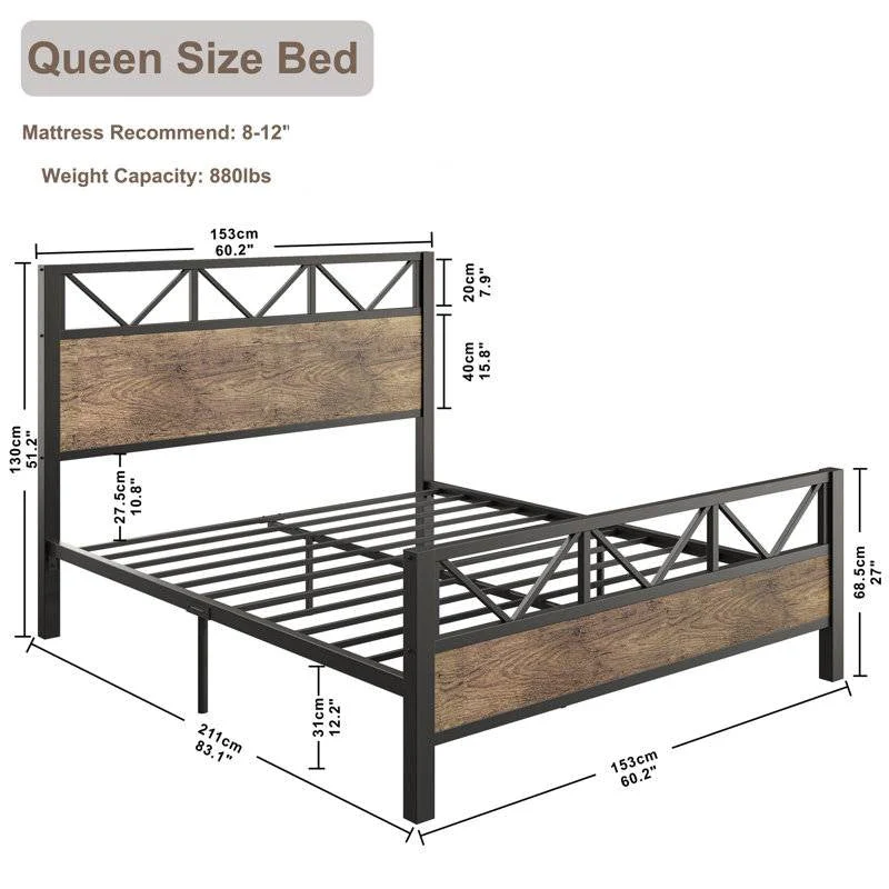 Queen Metal Wood Vintage Industrial Platform Bed Frame with Headboard Footboard - Image 5