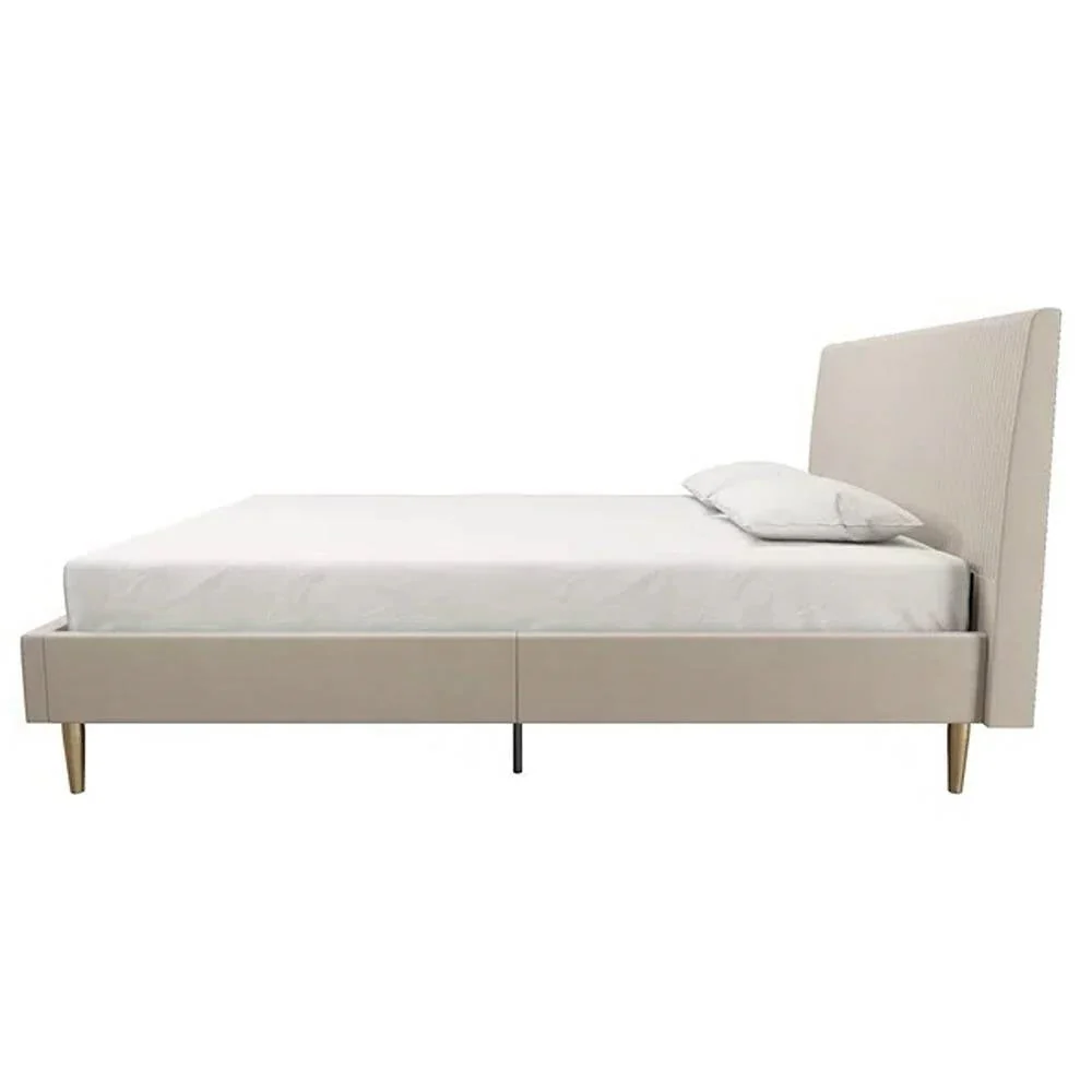 Queen Mid-Century Ivory Cream Velvet Upholstered Platform Bed with Headboard - Image 2