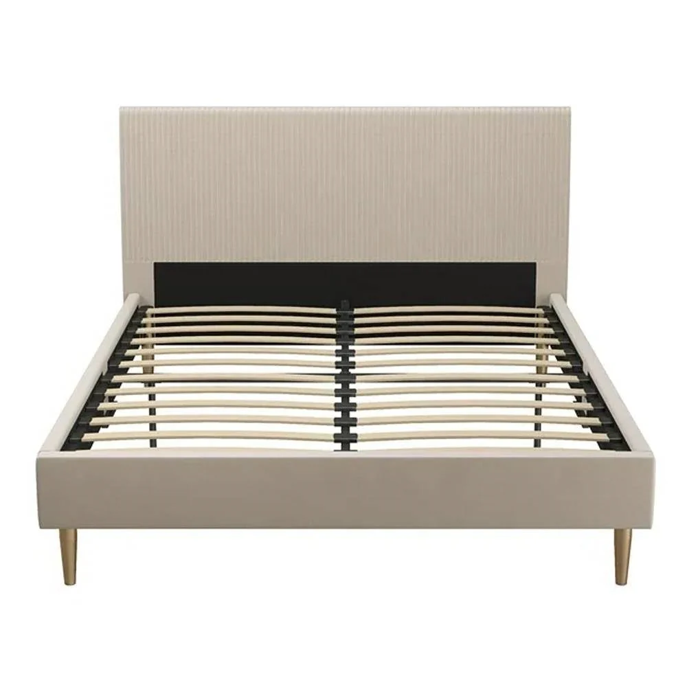 Queen Mid-Century Ivory Cream Velvet Upholstered Platform Bed with Headboard - Image 3