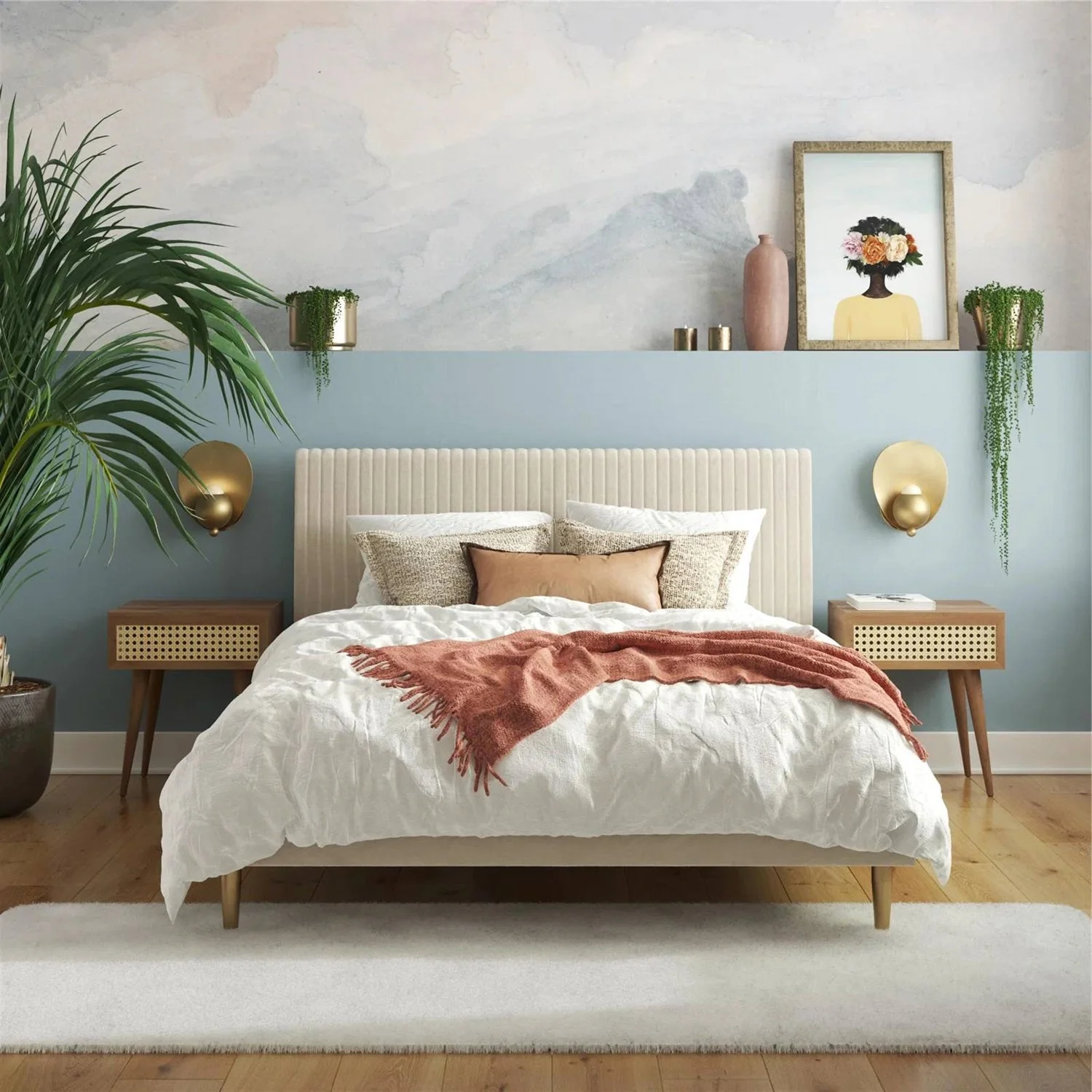 Queen Mid-Century Ivory Cream Velvet Upholstered Platform Bed with Headboard - Image 4
