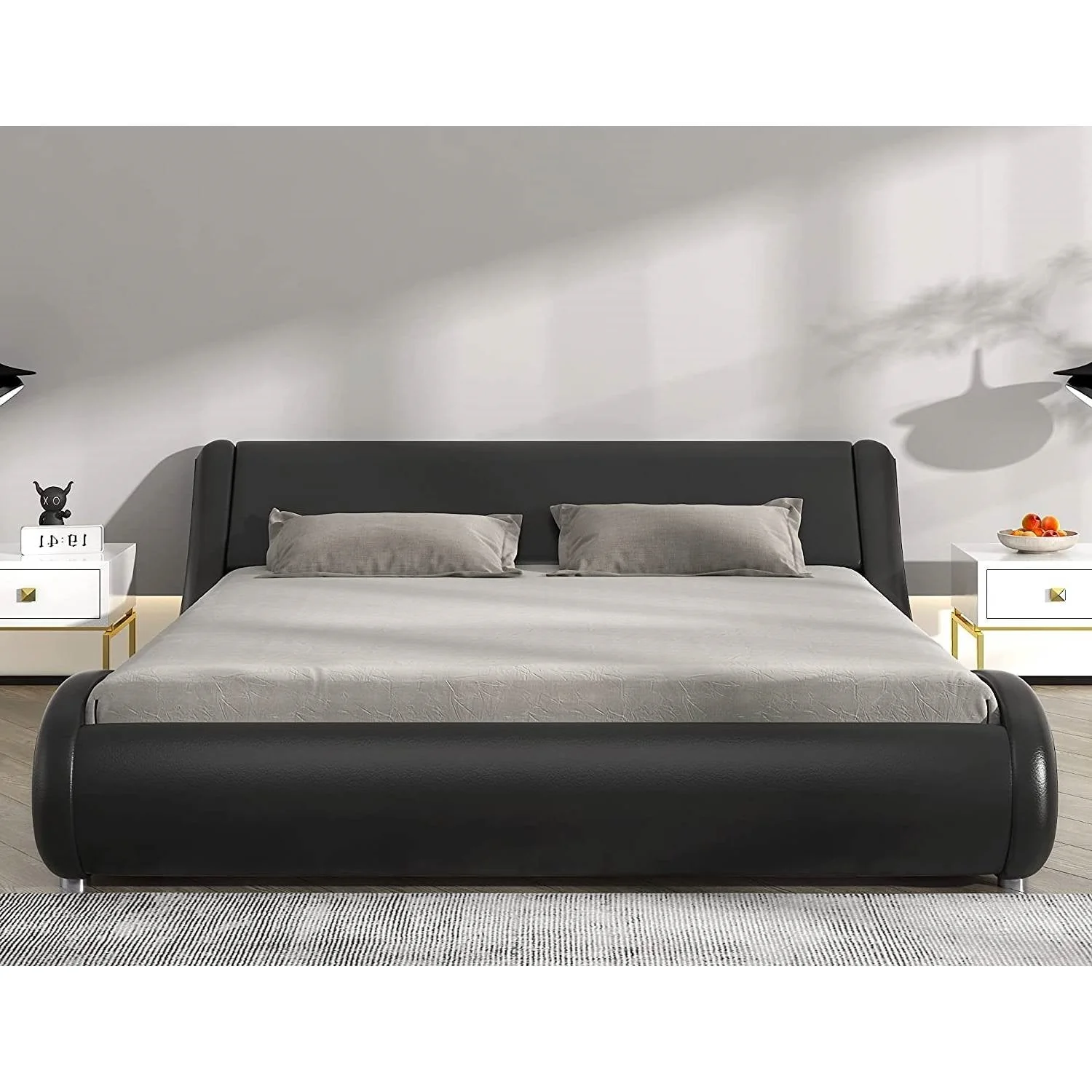 Queen Modern Black Faux Leather Upholstered Platform Bed Frame with Headboard - Image 2