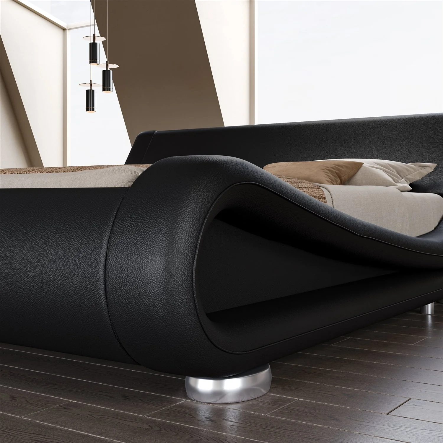 Queen Modern Black Upholstered Platform Bed Frame with Sleigh Curved Headboard - Image 3