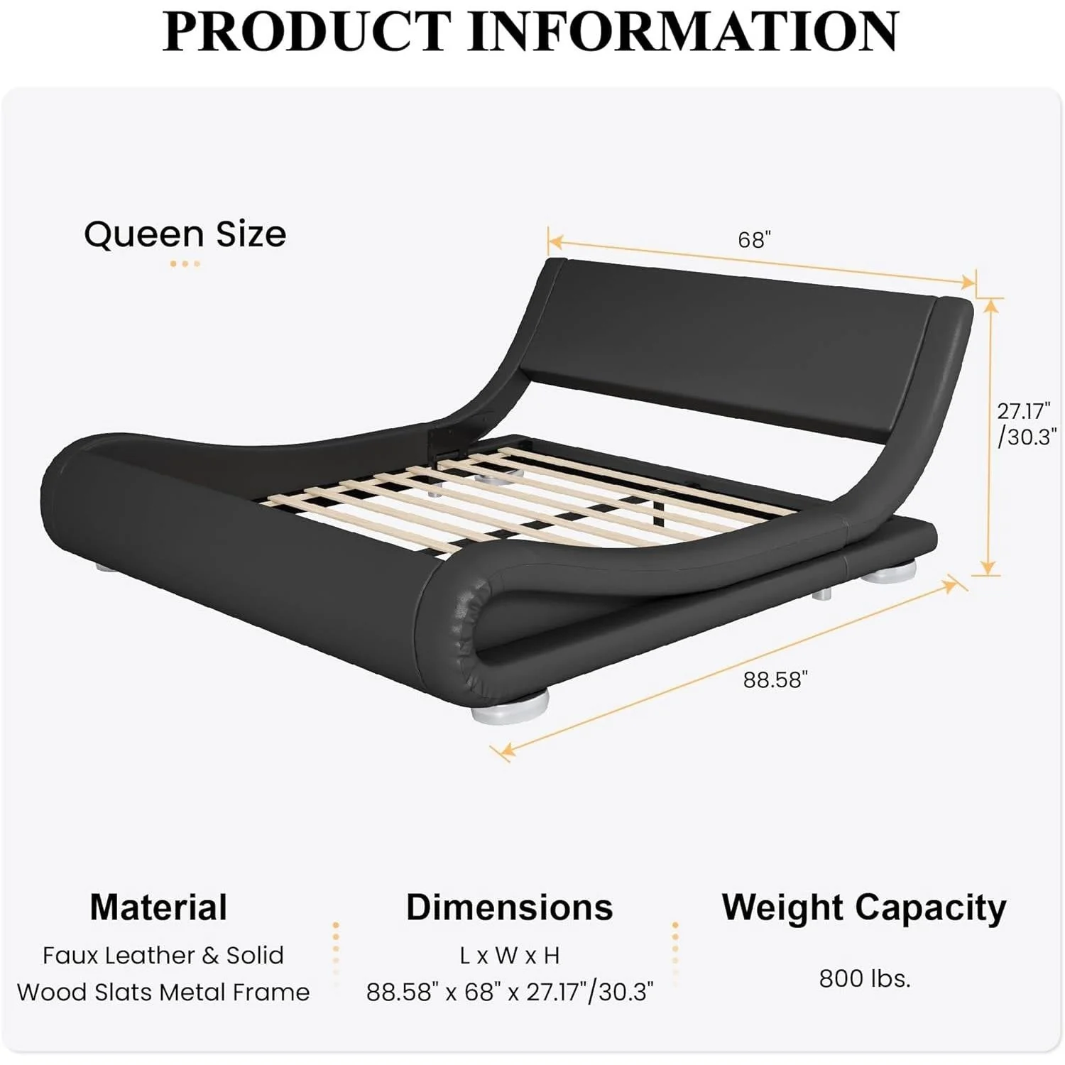 Queen Modern Black Upholstered Platform Bed Frame with Sleigh Curved Headboard - Image 5