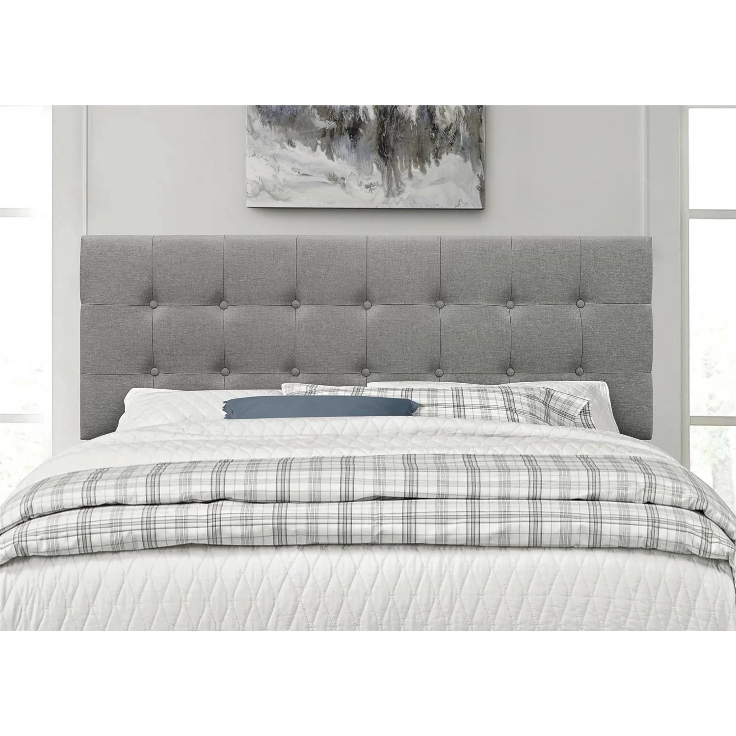 Queen Modern Classic Style Button-Tufted Headboard in Grey Upholstered Fabric - Image 5