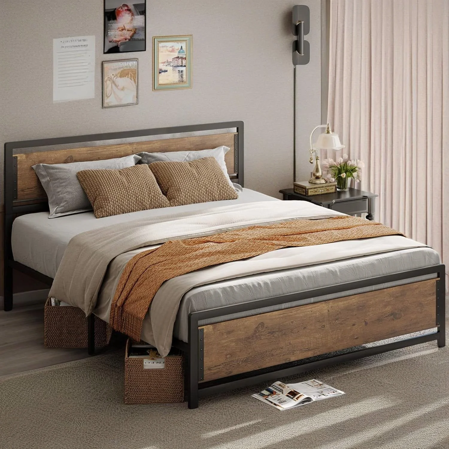 Queen Modern Metal Wood Industrial Platform Bed Frame with Headboard Footboard - Image 2
