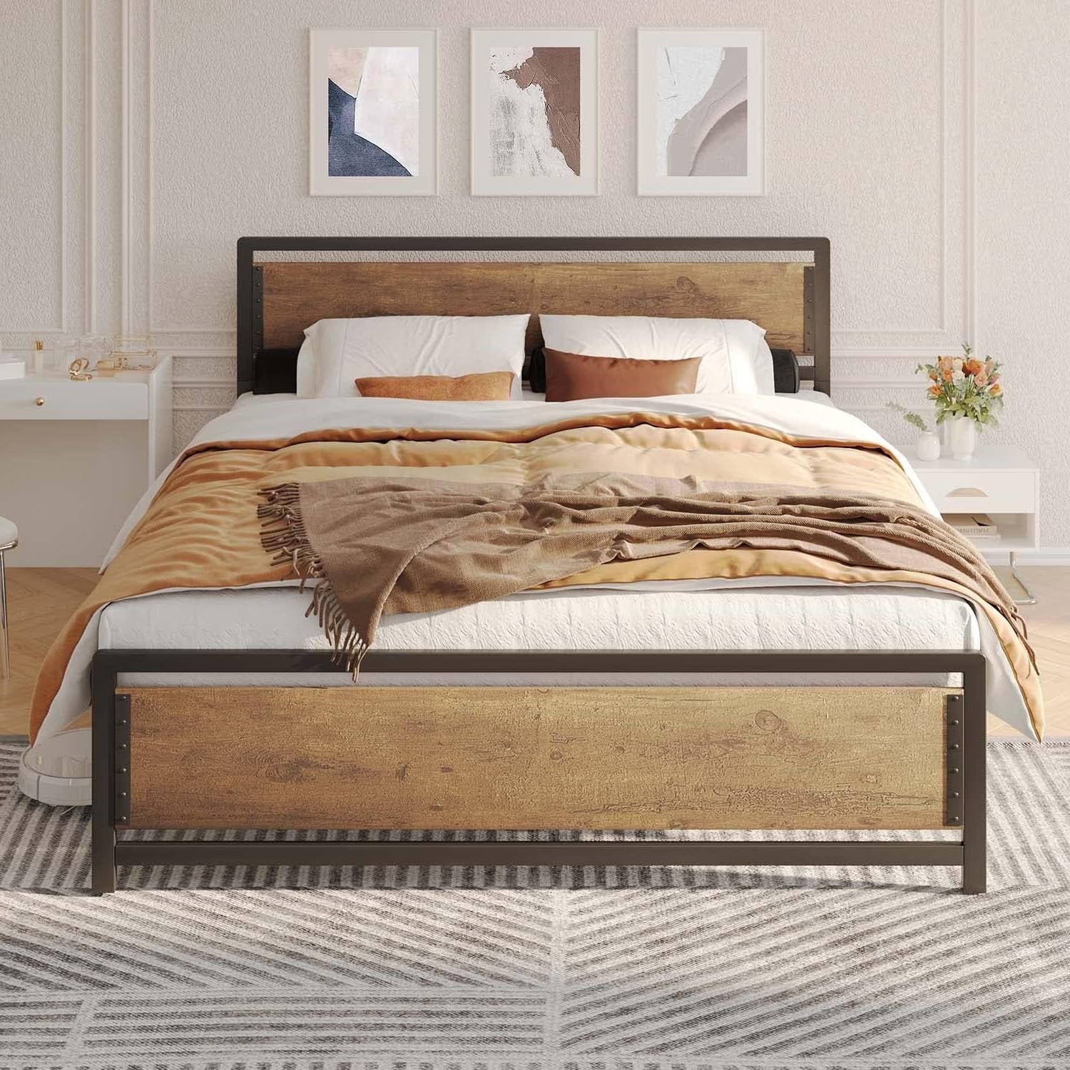 Queen Modern Metal Wood Industrial Platform Bed Frame with Headboard Footboard - Image 3