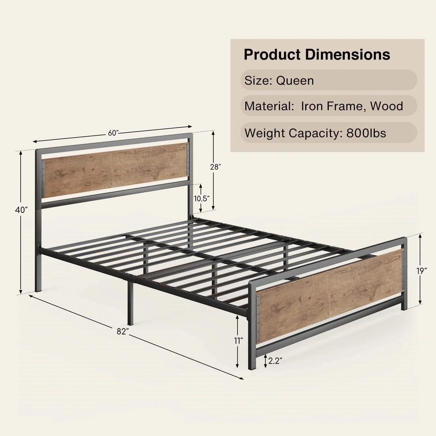 Queen Modern Metal Wood Industrial Platform Bed Frame with Headboard Footboard - Image 5