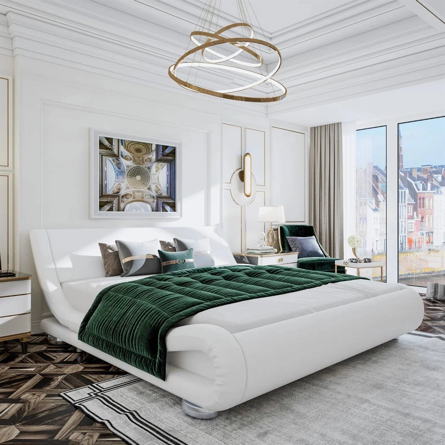 Queen Modern White Upholstered Platform Bed Frame with Sleigh Curved Headboard - Image 3