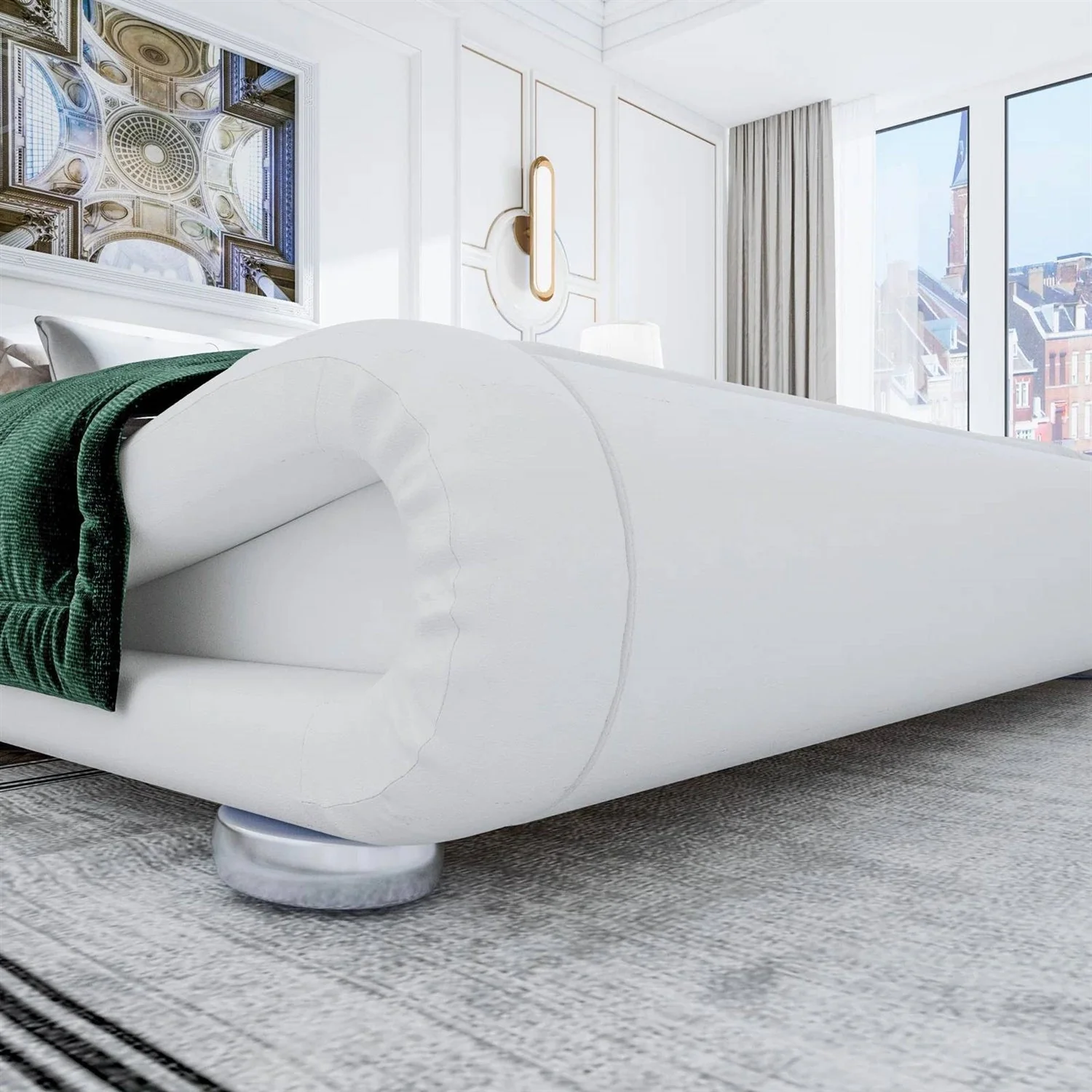 Queen Modern White Upholstered Platform Bed Frame with Sleigh Curved Headboard - Image 4