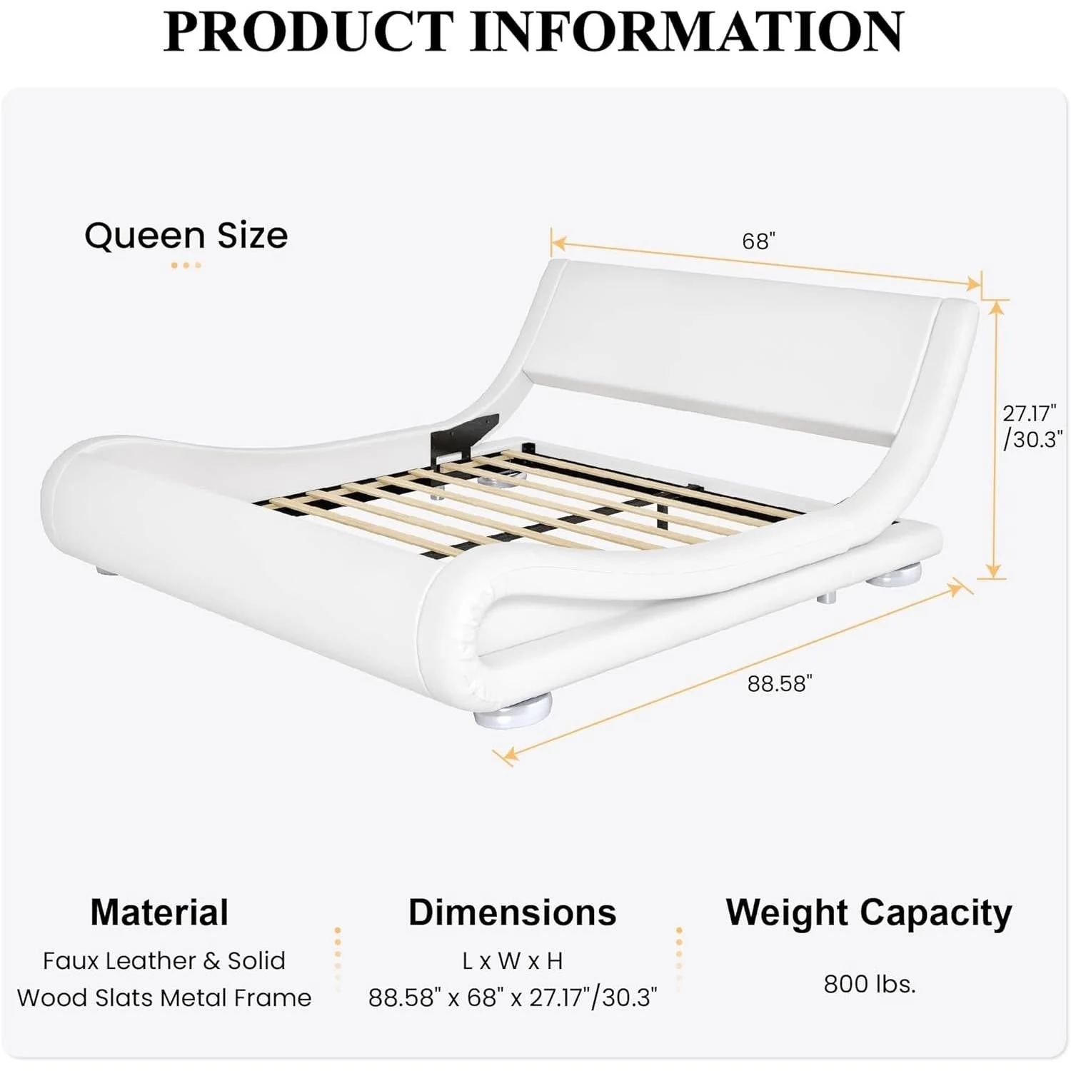Queen Modern White Upholstered Platform Bed Frame with Sleigh Curved Headboard - Image 5