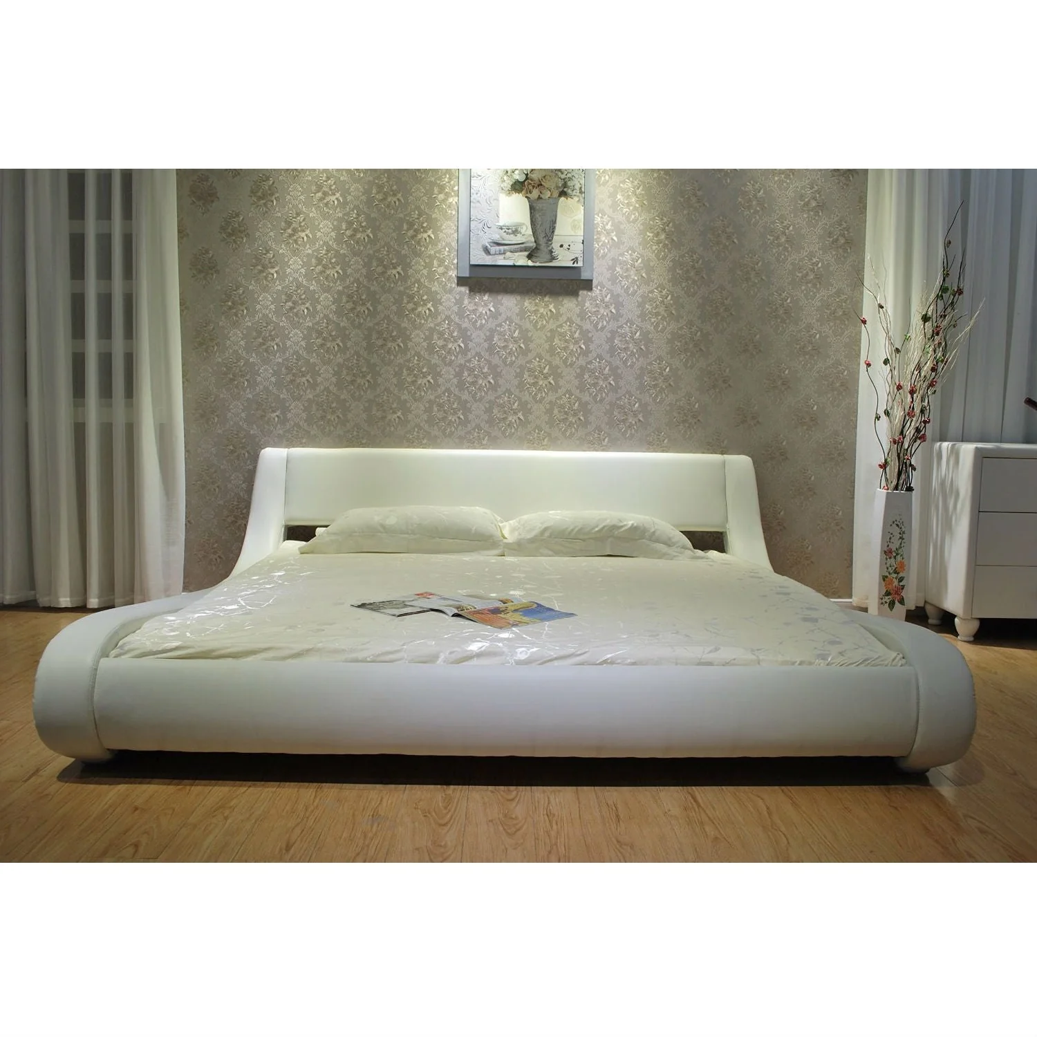 Queen Modern White Upholstered Platform Bed with Curved Sides & Headboard - Image 2