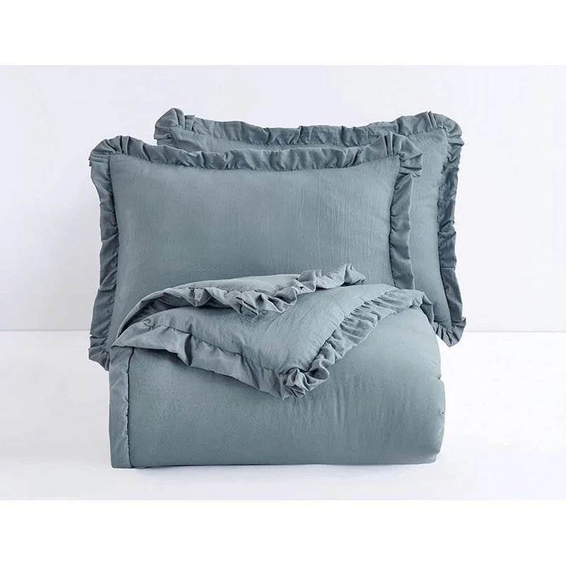 Queen Oversized Blue Ruffled Edge Microfiber Comforter Set - Image 3