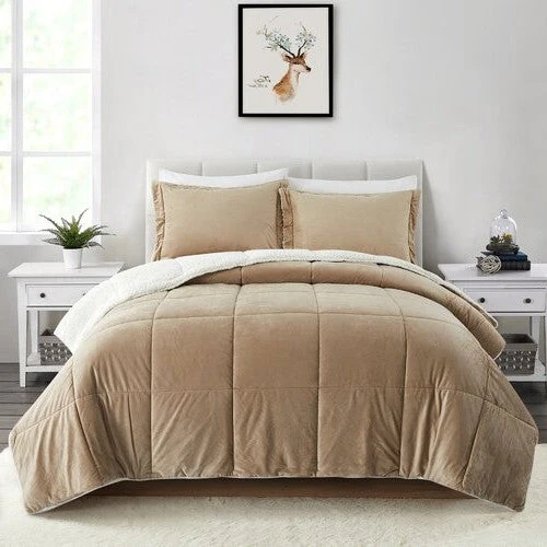Queen Plush Microfiber Reversible Comforter Set in Gold - Image 2