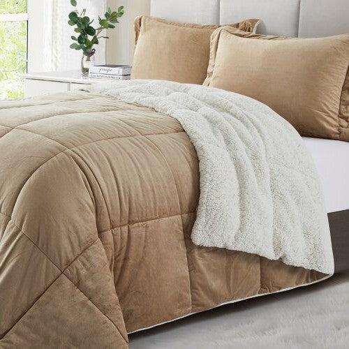 Queen Plush Microfiber Reversible Comforter Set in Gold - Image 3