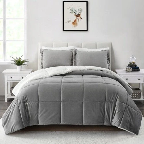 Queen Plush Microfiber Reversible Comforter Set in Grey - Image 2