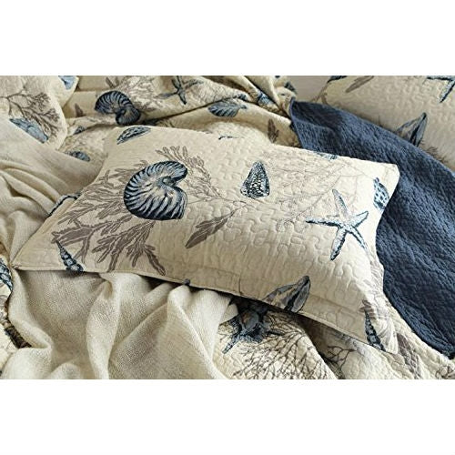 Queen size 100-Percent Cotton 3-Piece Bedspread Quilt Set Ocean Beach Sea Shells Marine Starfish - Image 3