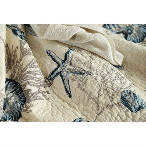 Queen size 100-Percent Cotton 3-Piece Bedspread Quilt Set Ocean Beach Sea Shells Marine Starfish - Image 4