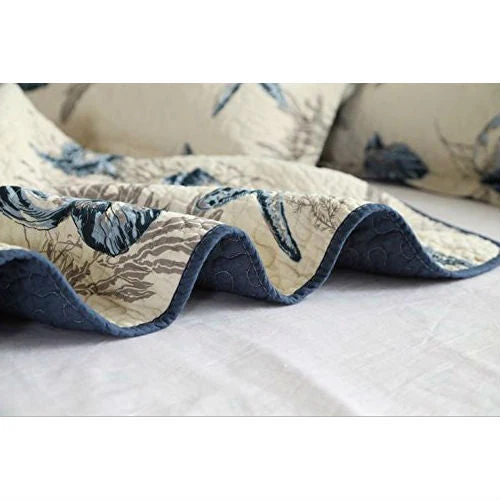 Queen size 100-Percent Cotton 3-Piece Bedspread Quilt Set Ocean Beach Sea Shells Marine Starfish - Image 5
