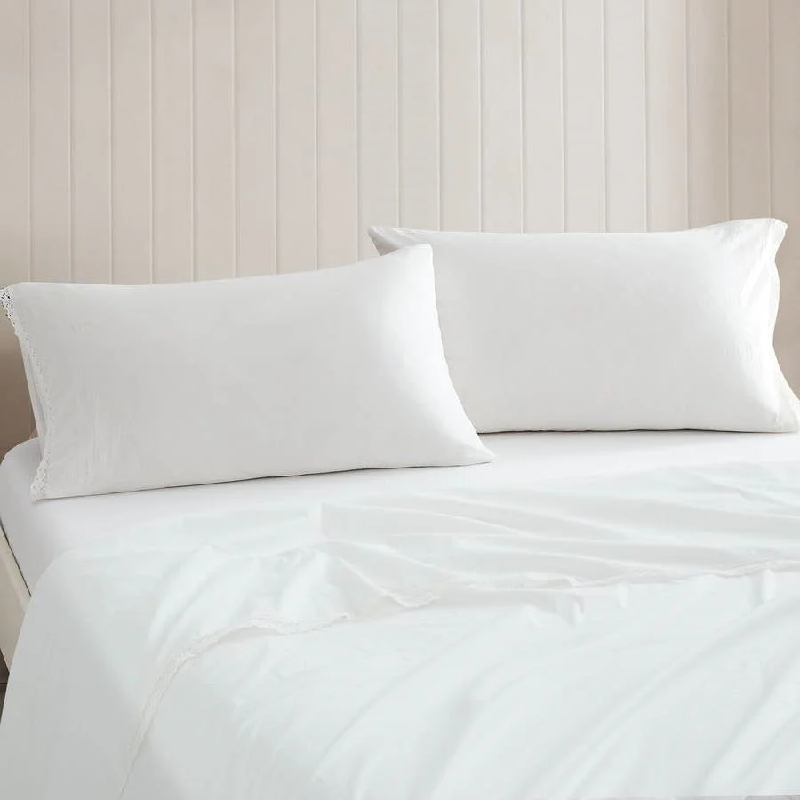 Queen Size 4 Piece 100-Percent Cotton Sheet Set in White with Lace Trim - Image 5