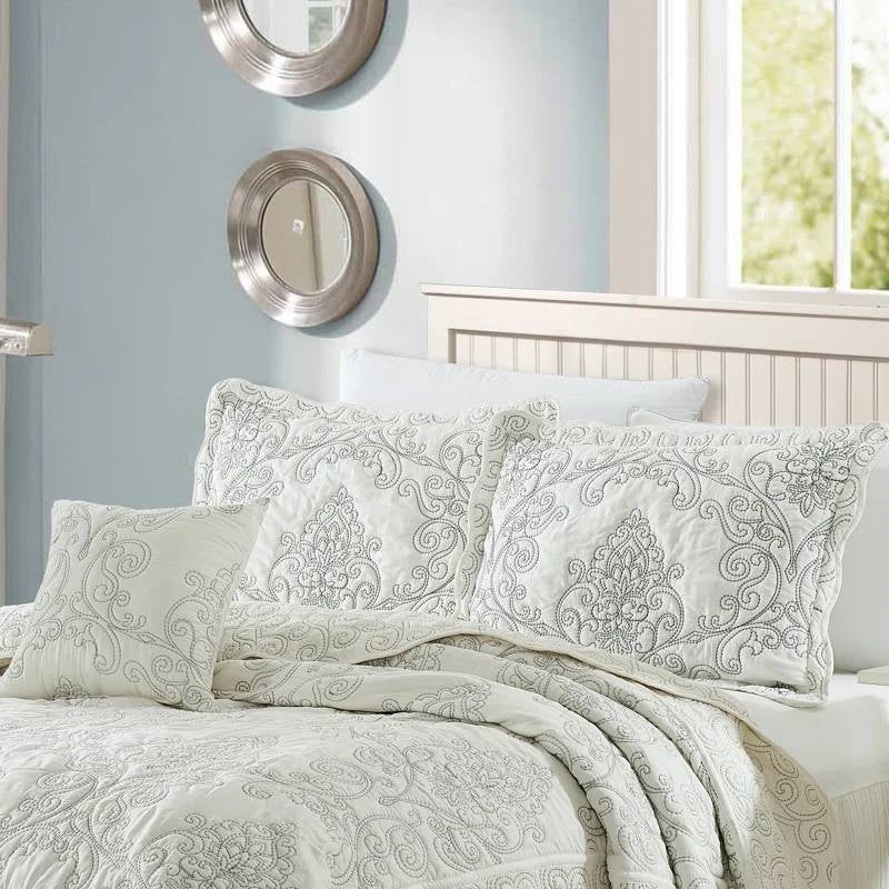 Queen size Antique White Damask Embroidered 4 Piece Oversized Bedspread Set - Image 2