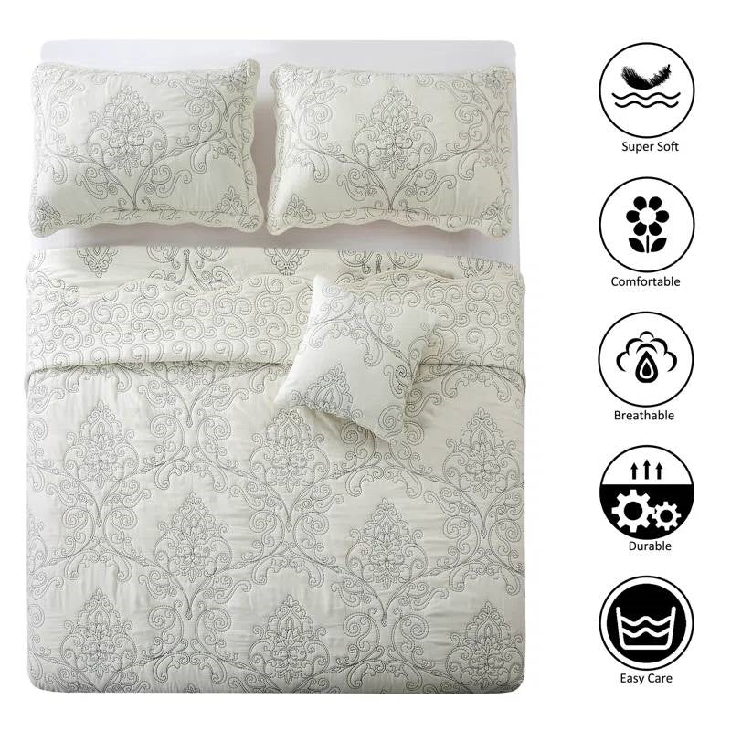 Queen size Antique White Damask Embroidered 4 Piece Oversized Bedspread Set - Image 5