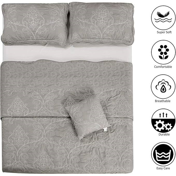 Queen size Ash Grey Damask Embroidered 4 Piece Oversized Bedspread Set - Image 5