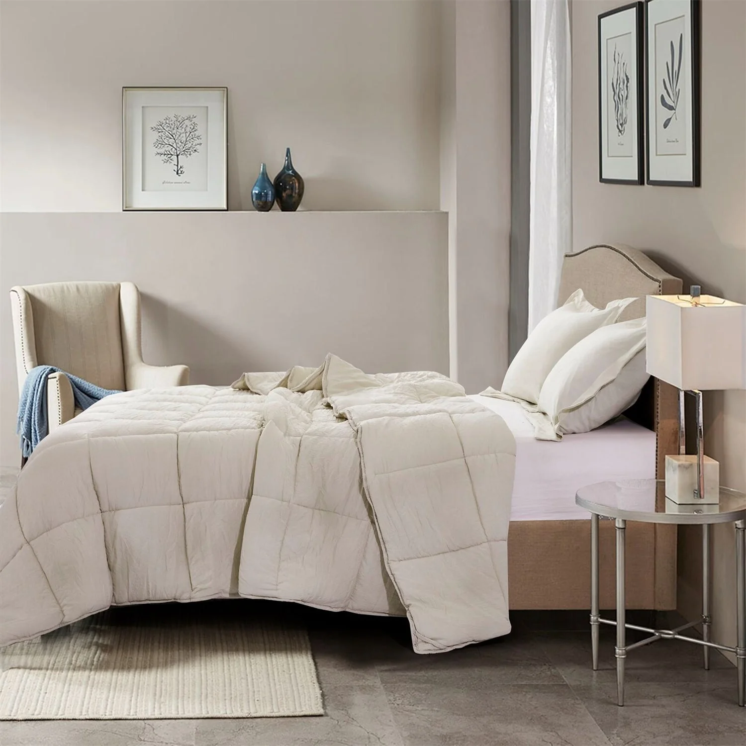 Queen Size Beige 3 Piece Microfiber Reversible Comforter Set - Image 2