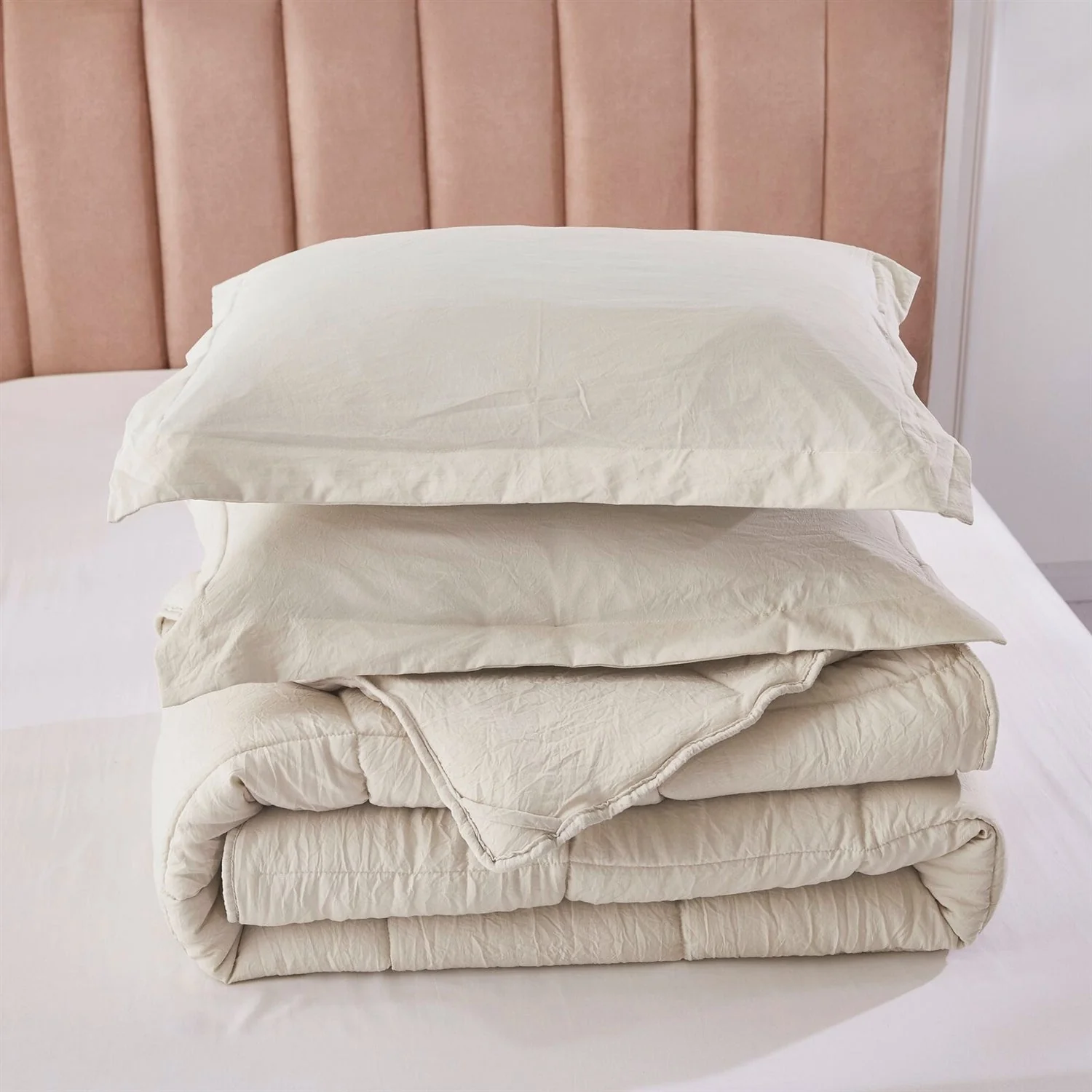 Queen Size Beige 3 Piece Microfiber Reversible Comforter Set - Image 3