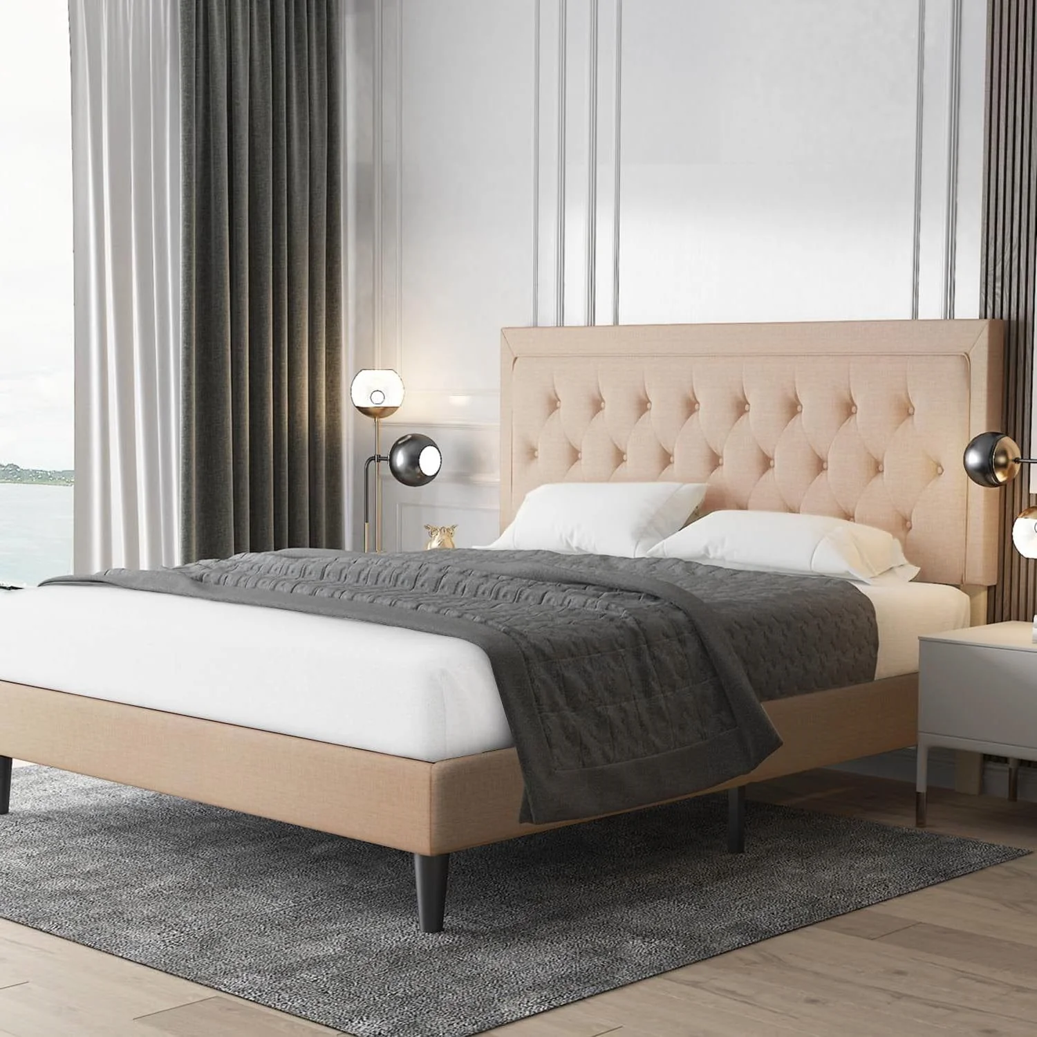 Queen size Beige Linen Platform Bed Frame with Button Tufted Headboard - Image 2