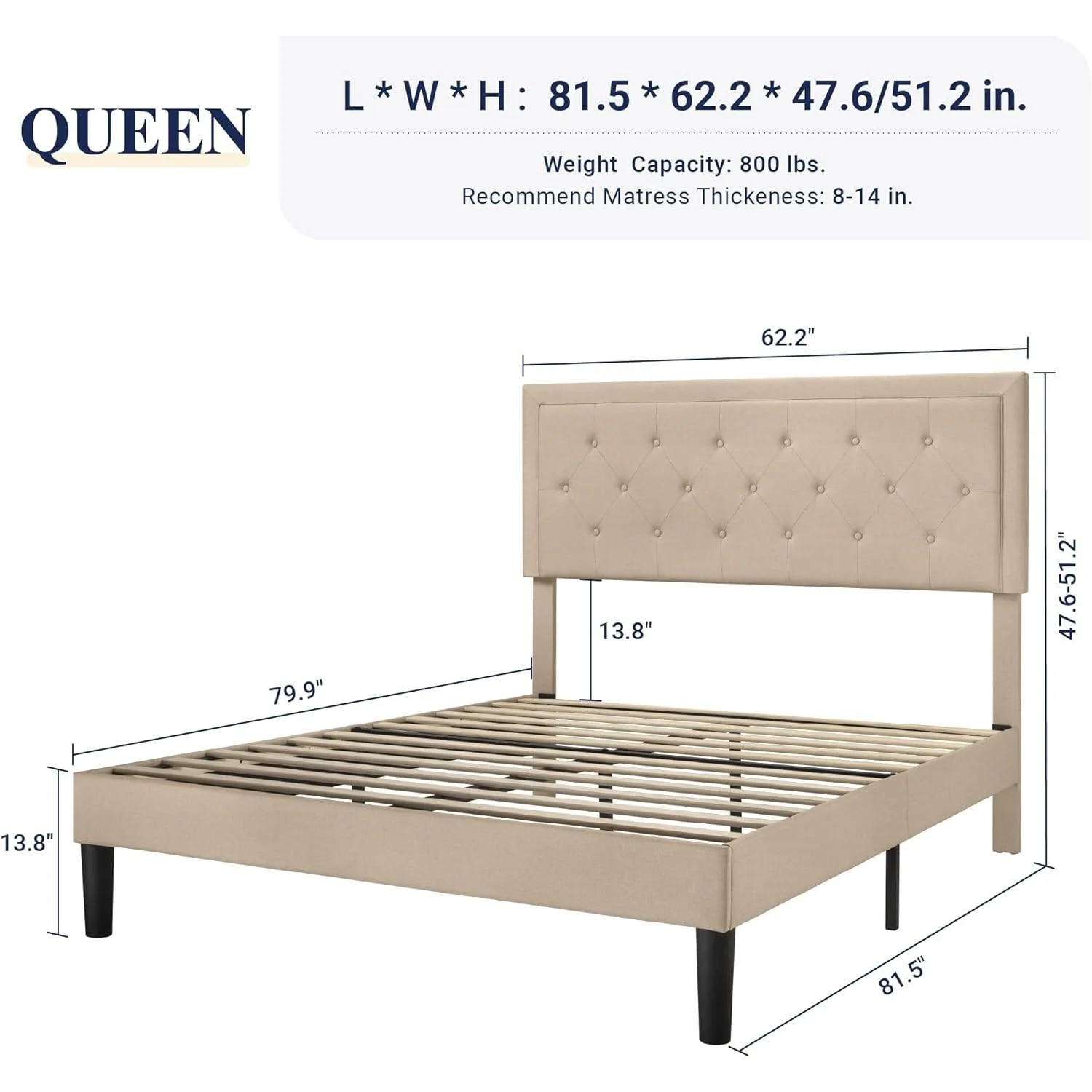Queen size Beige Linen Platform Bed Frame with Button Tufted Headboard - Image 5