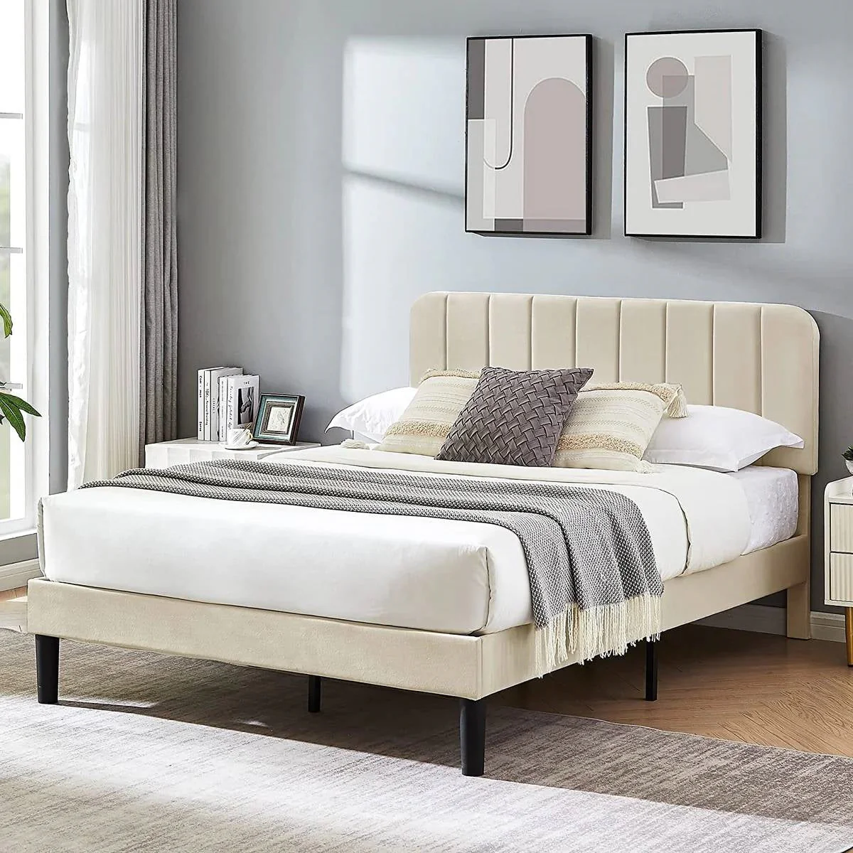 Queen size Beige Upholstered Platform Bed Frame with Headboard - Image 2