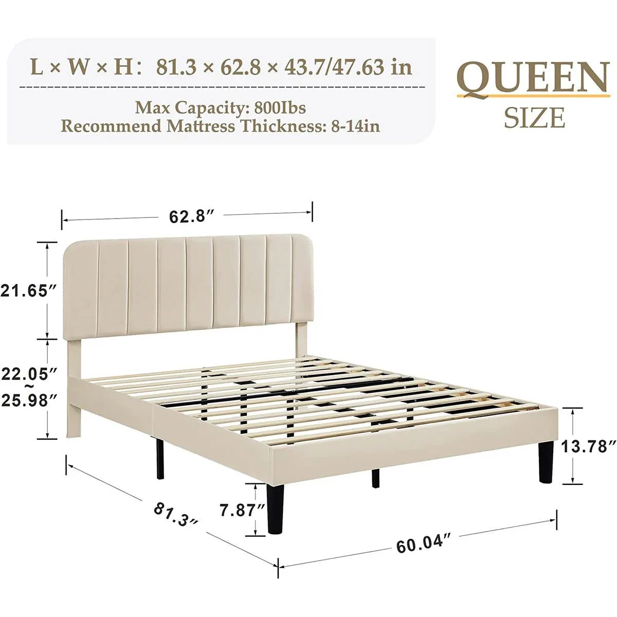 Queen size Beige Upholstered Platform Bed Frame with Headboard - Image 5