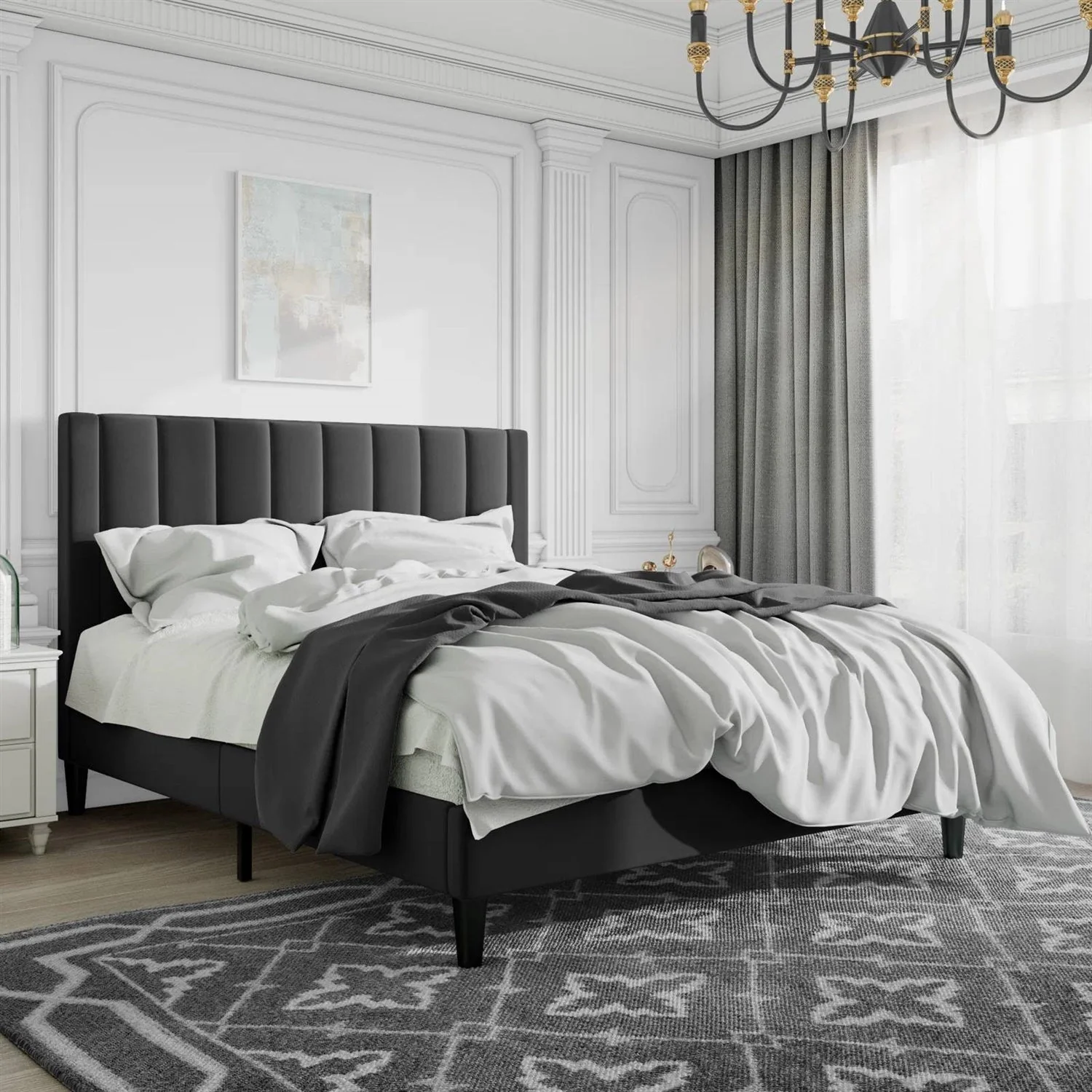 Queen size Black Velvet Upholstered Platform Bed Frame with Headboard - Image 2