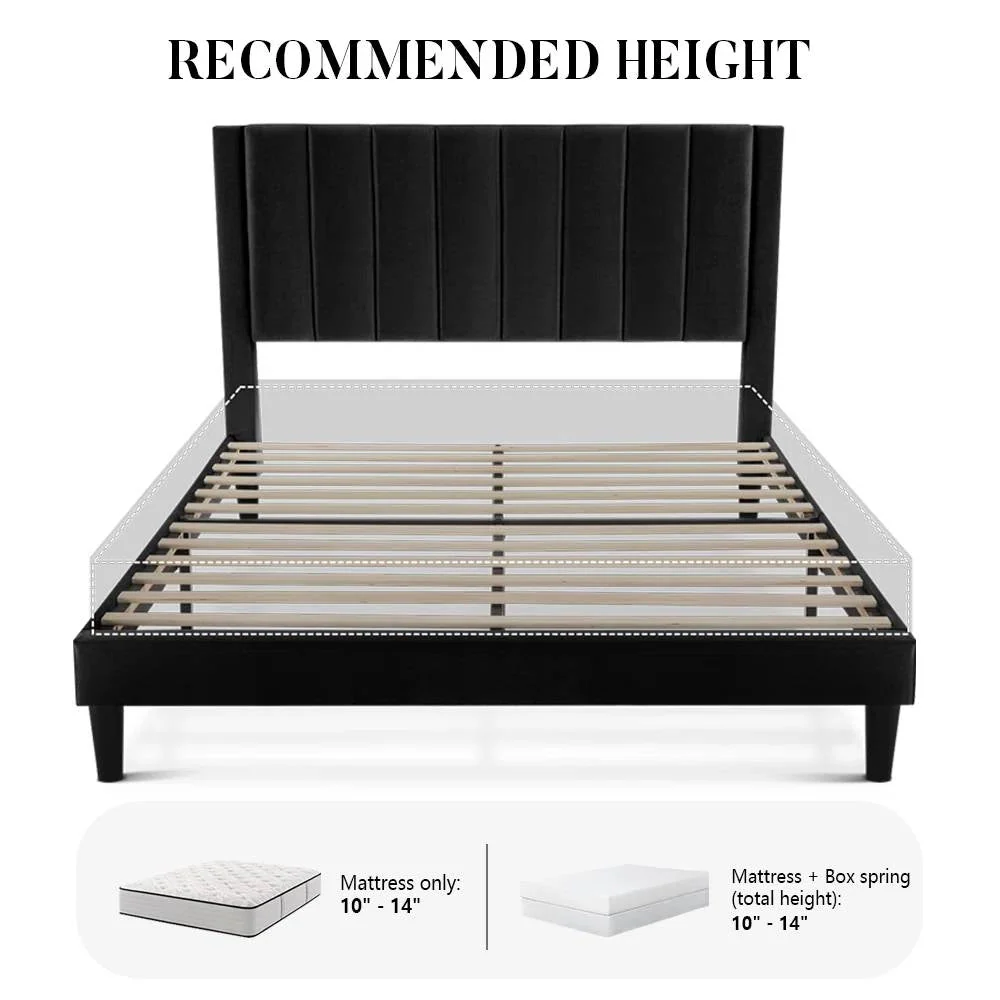 Queen size Black Velvet Upholstered Platform Bed Frame with Headboard - Image 4