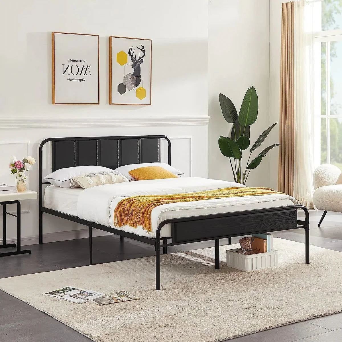 Queen size Black Wood Metal Platform Bed Frame with Rounded Headboard Footboard - Image 2