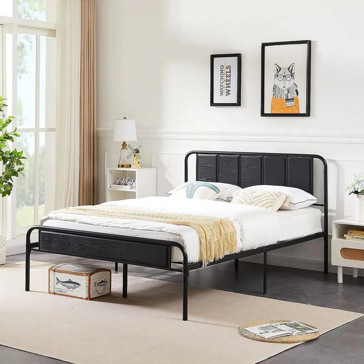 Queen size Black Wood Metal Platform Bed Frame with Rounded Headboard Footboard - Image 3