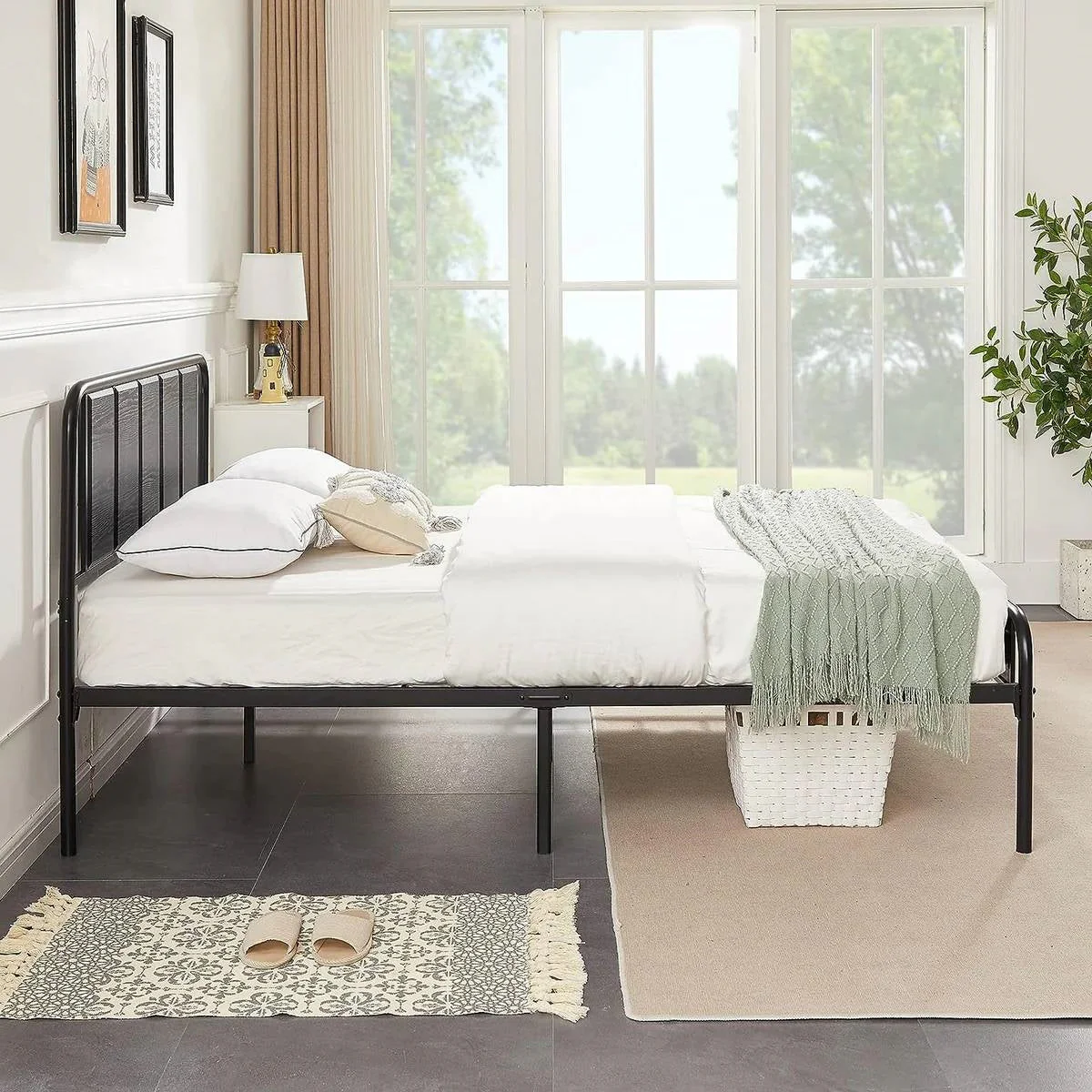 Queen size Black Wood Metal Platform Bed Frame with Rounded Headboard Footboard - Image 4