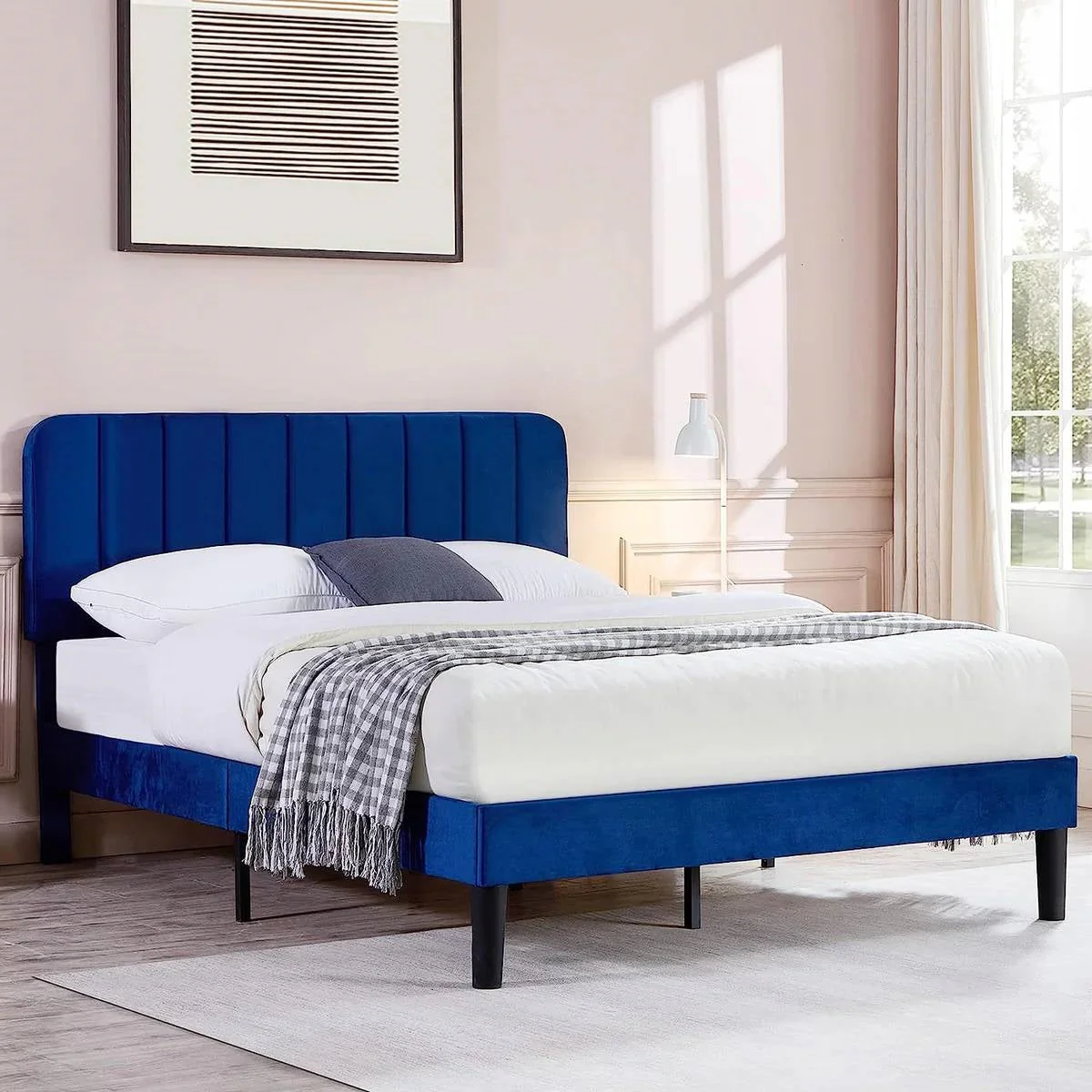Queen size Blue Upholstered Platform Bed Frame with Headboard - Image 2