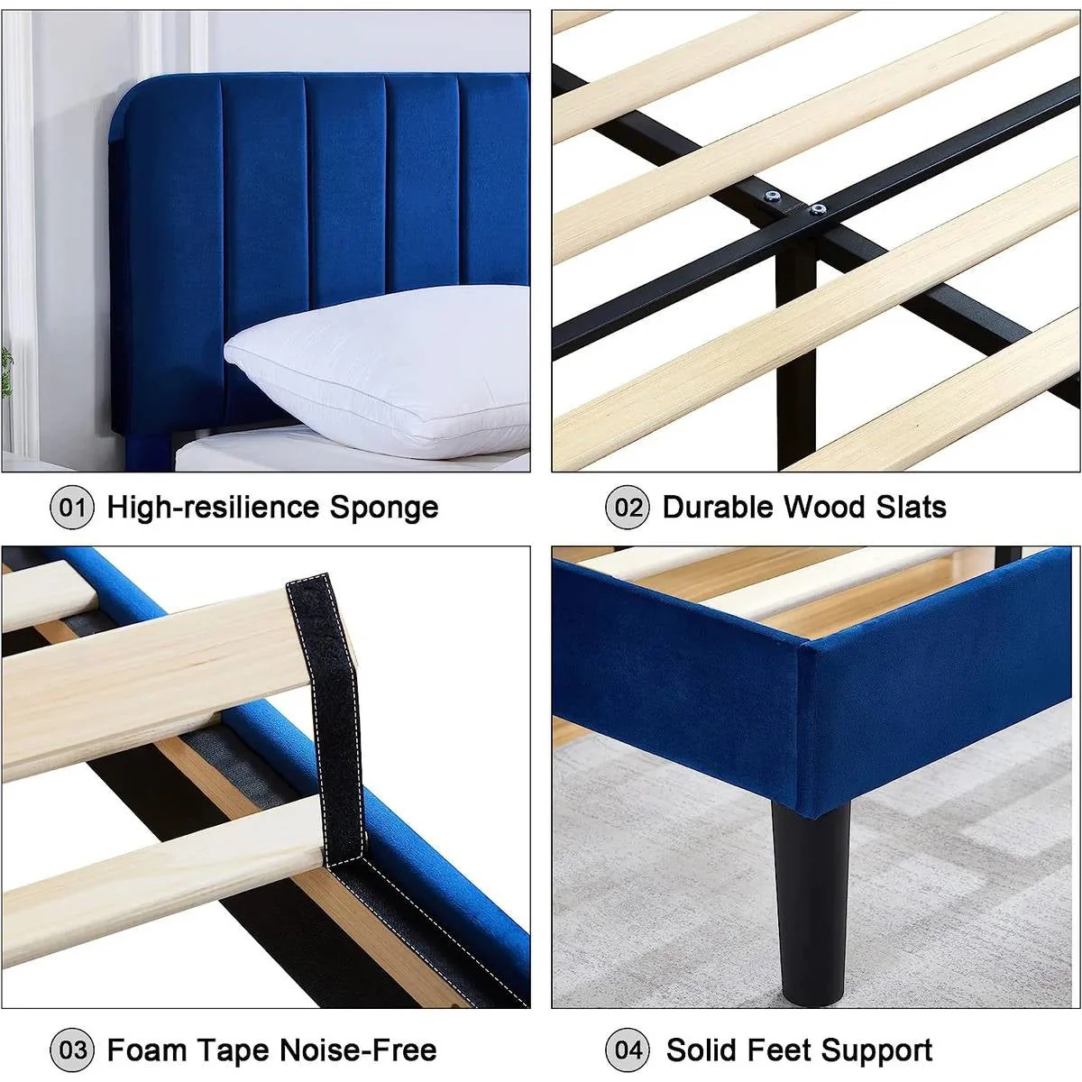 Queen size Blue Upholstered Platform Bed Frame with Headboard - Image 3