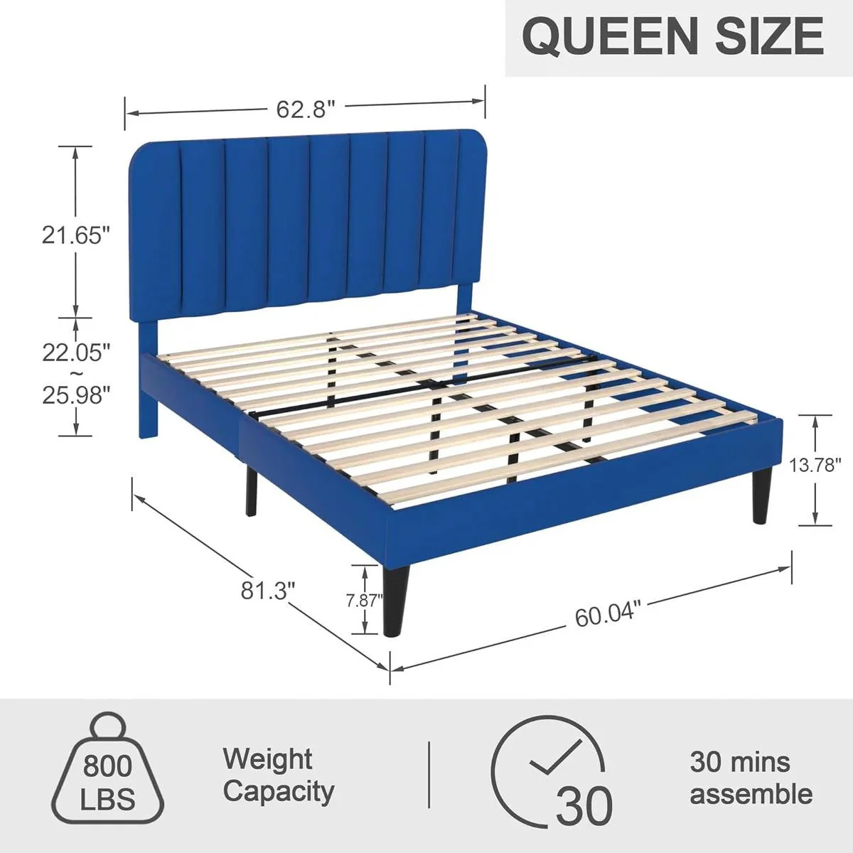 Queen size Blue Upholstered Platform Bed Frame with Headboard - Image 5