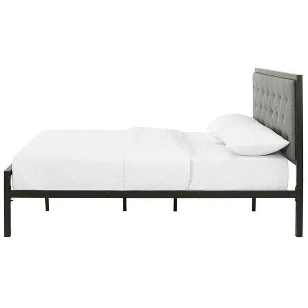 Queen size Contemporary Metal Platform Bed with Grey Upholstered Headboard - Image 3
