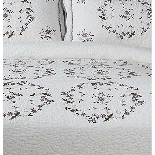 Queen size Cotton Bedspread with Scalloped Edges and Floral Print Embroidery in White - Image 3