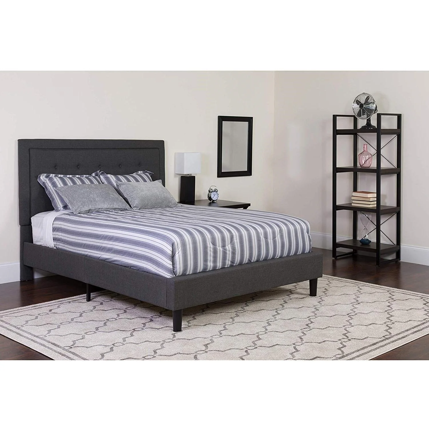 Queen size Dark Gray Fabric Upholstered Platform Bed Frame with Headboard - Image 3