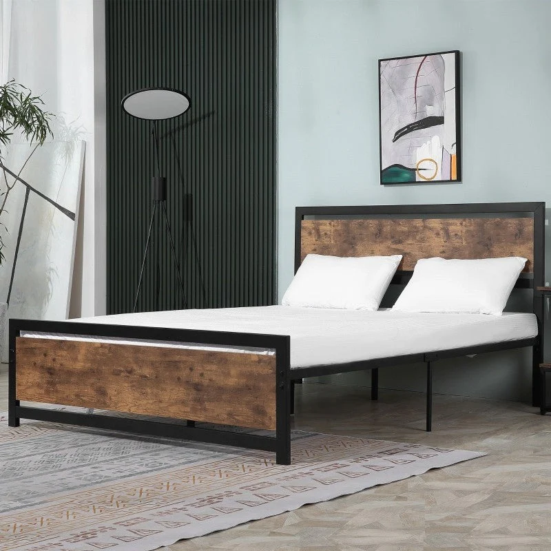 Queen Size FarmHouse Metal Wood Platform Bed Headboard Footboard - Image 2