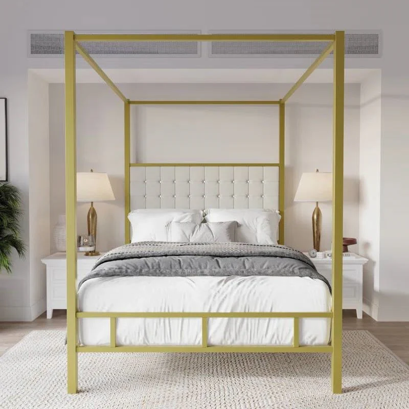 Queen size Gold Metal Canopy Bed with Upholstered Button-Tufted Headboard - Image 2