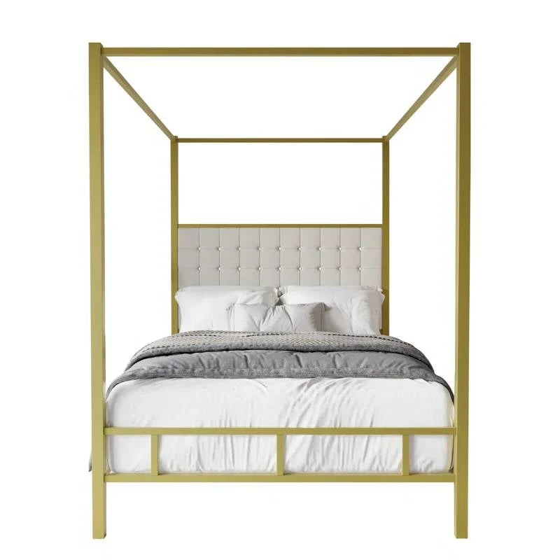 Queen size Gold Metal Canopy Bed with Upholstered Button-Tufted Headboard - Image 3