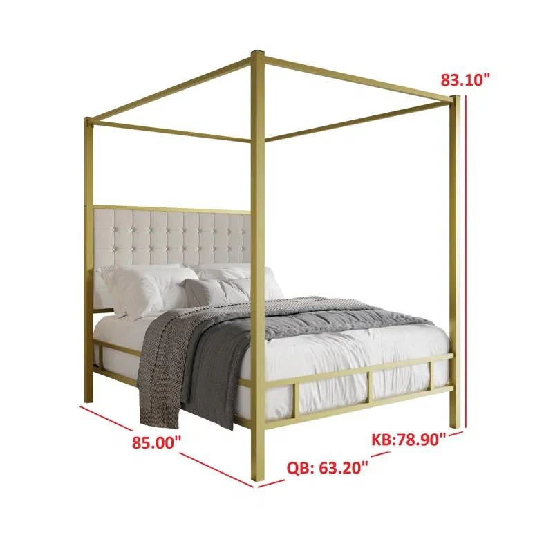 Queen size Gold Metal Canopy Bed with Upholstered Button-Tufted Headboard - Image 5