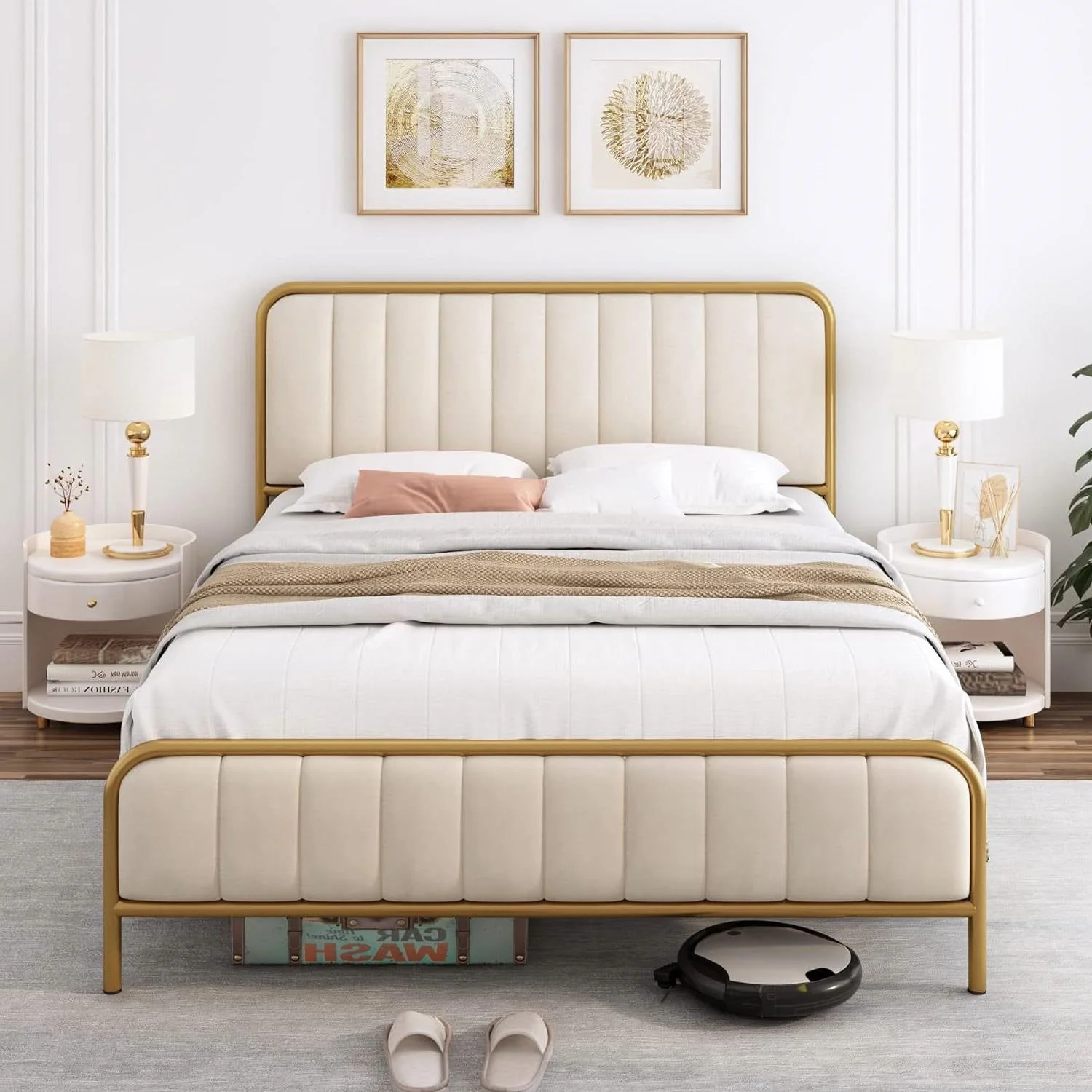 Queen size Gold Metal Platform Bed Frame with Off-White Upholstered Headboard - Image 2