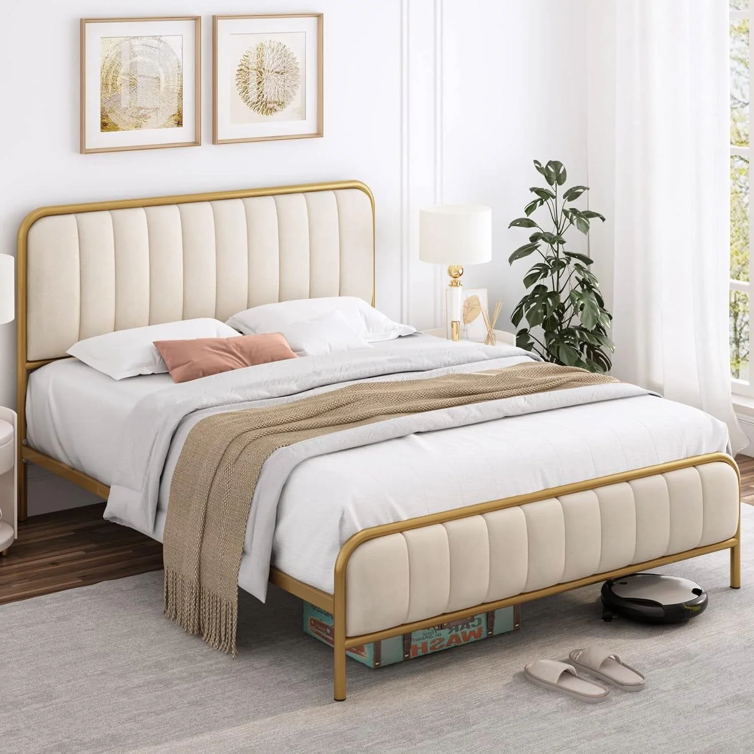 Queen size Gold Metal Platform Bed Frame with Off-White Upholstered Headboard - Image 3